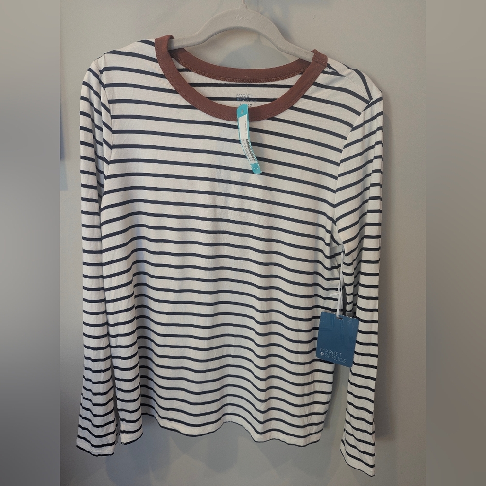 Market & Spruce Black Striped Cream Long Sleeve Tee with Burnt Orange Neck